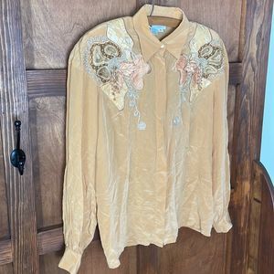 Embellished Beaded Western Vintage 100% SILK Button Down Blouse Lew Magram